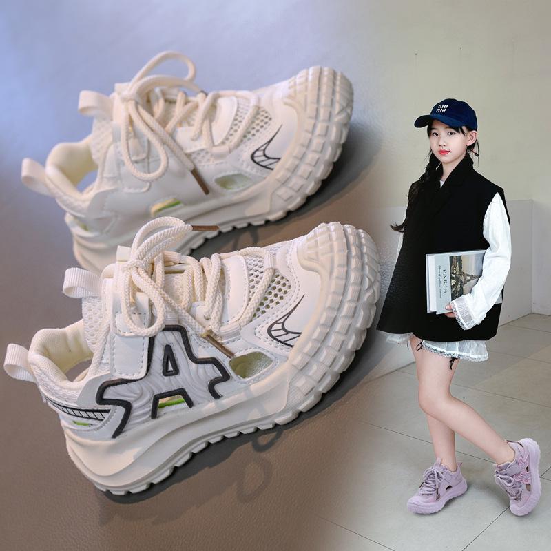 Medium and large girls mesh frame shoes non-slip tire sole sports shoes 2025 new breathable and lightweight casual running shoes