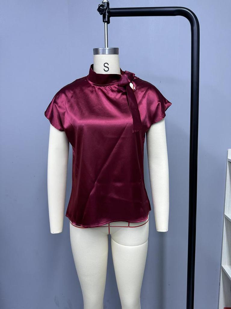 Herbst Satinschleifen-Oberteil - Damen Kurzarmhemd im europäischen & amerikanischen Stil