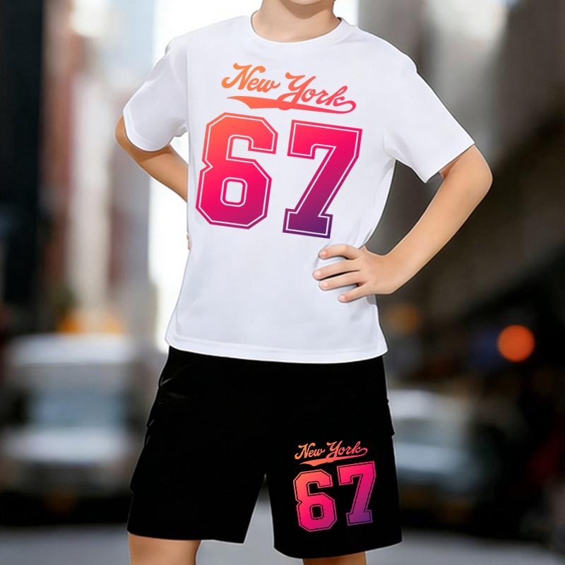 

Boys 2 Piece New York & Number 67 Print Outfit, Short Sleeve T-Shirt and Shorts Set for Kids Age 5-14, Black and White Sporty Casual Summer Clothes 13-14 Years білий