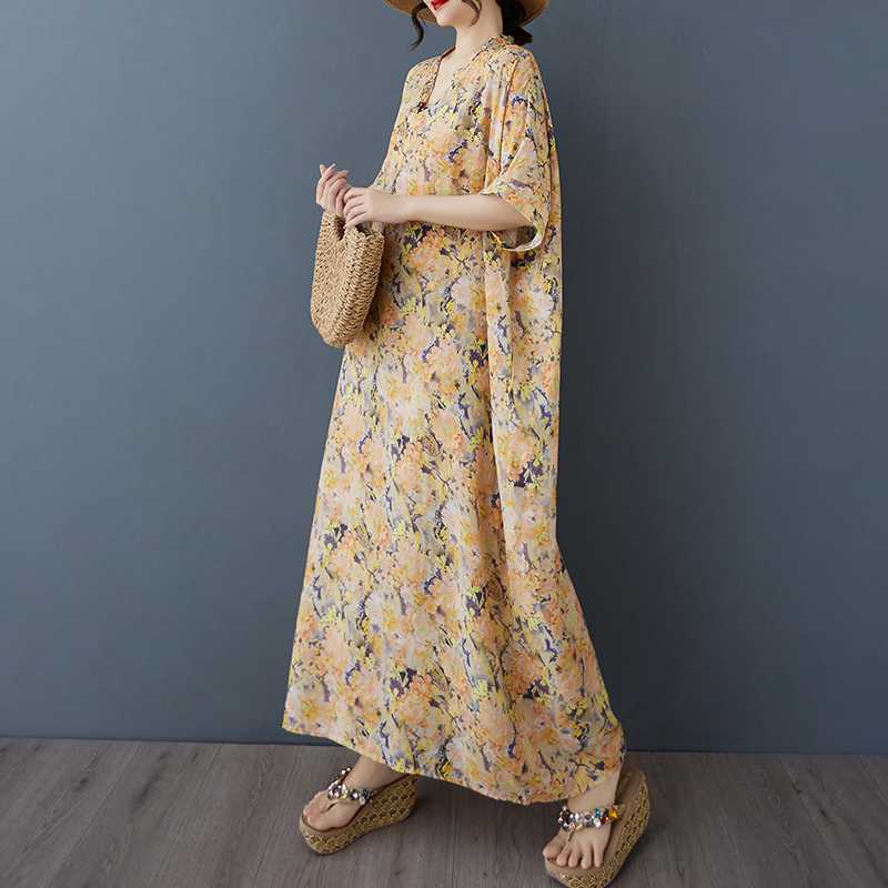 Women's Vintage Long Dress with Cotton and Linen Patterns