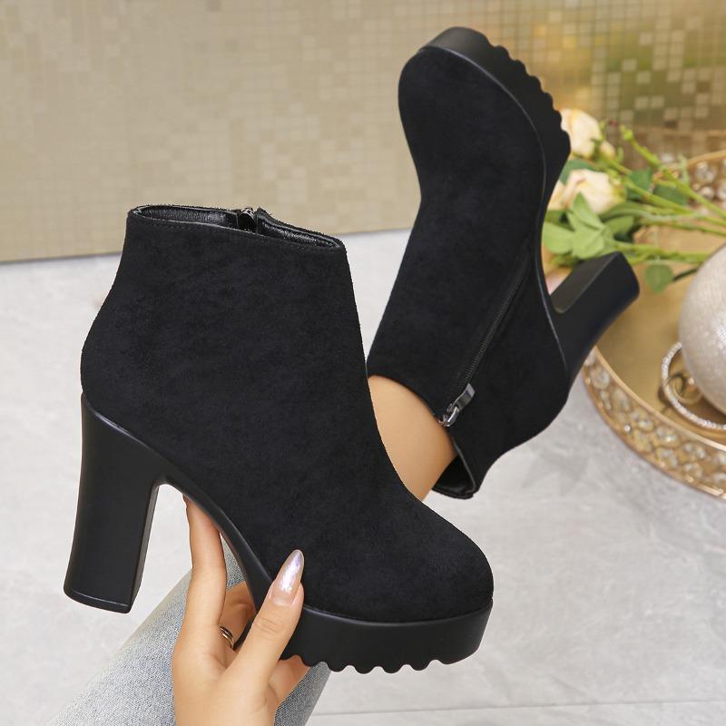 High Heeled Booties Plus Size 2025 Winter New Round Toe Vintage Side Zipper Fashion Boots for Women