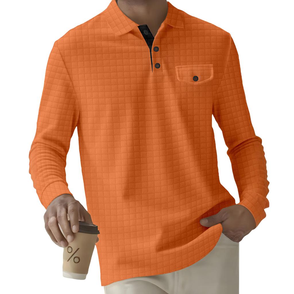 Men's Solid Color Plaid Button Lapel Pocket Long Sleeve Top Men's Casual Fashion Long Sleeve Top