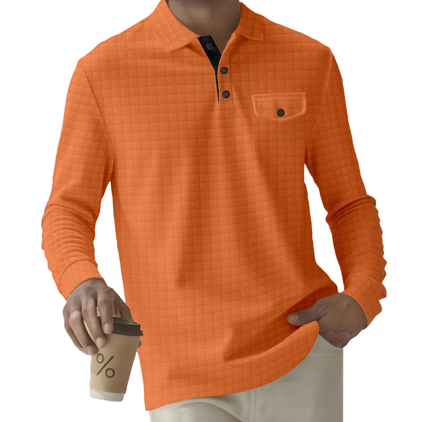 

Мужской однотонный клетчатый топ с лацканами на пуговицах, карманом и длинными рукавами, мужской повседневный модный топ с длинными рукавами XL оранжевый