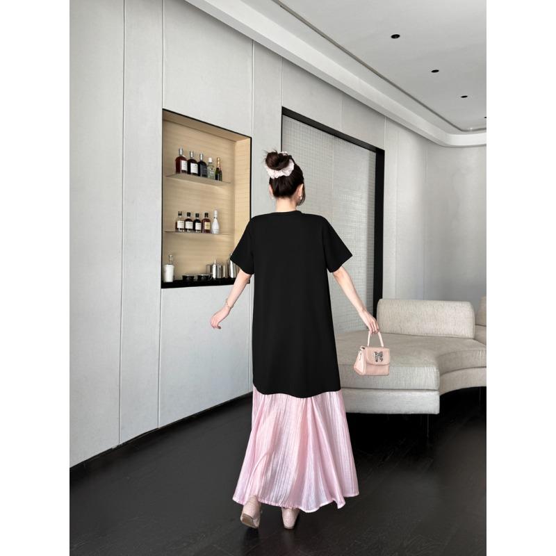 DIMANAF 2026 Summer New Plus Size Women Black Pink Color Short Sleeve Loose Shirt Dress Fashion Lady Long Dress
