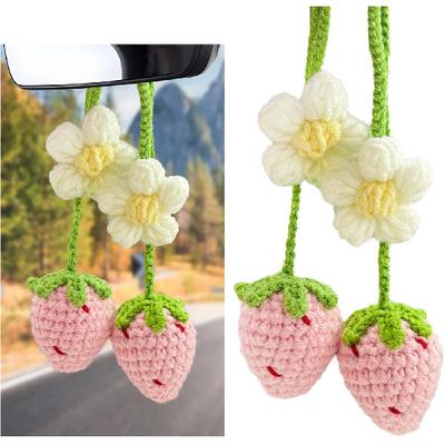 DXNQ 2PCS Crochet Strawberry Hanging Ornament, Cute Strawberry Flower Car Rear View Mirror Pendant, Handmade Knitted Hanging Charm Auto Interior