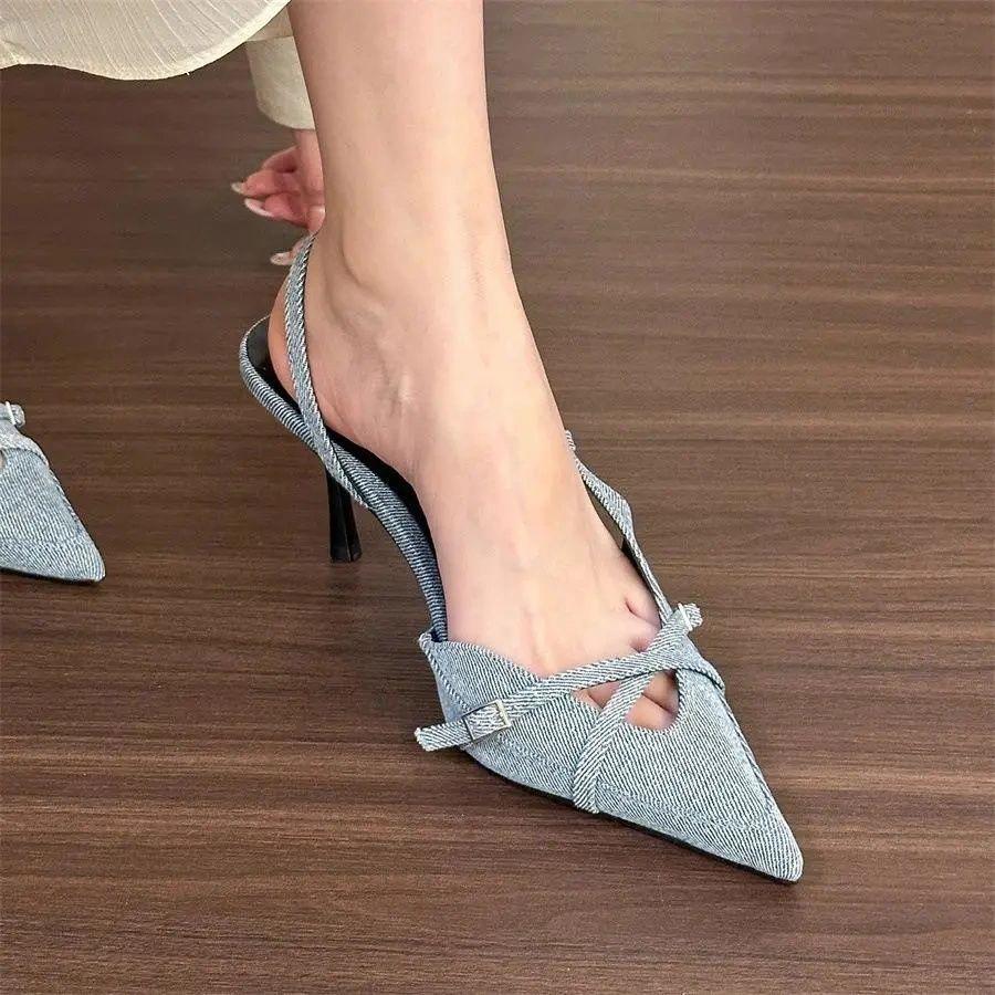 Summer new foreign-style denim blue pointed-toed high-heeled sandals women's 2025 slick-heeled Muller fashion sandals