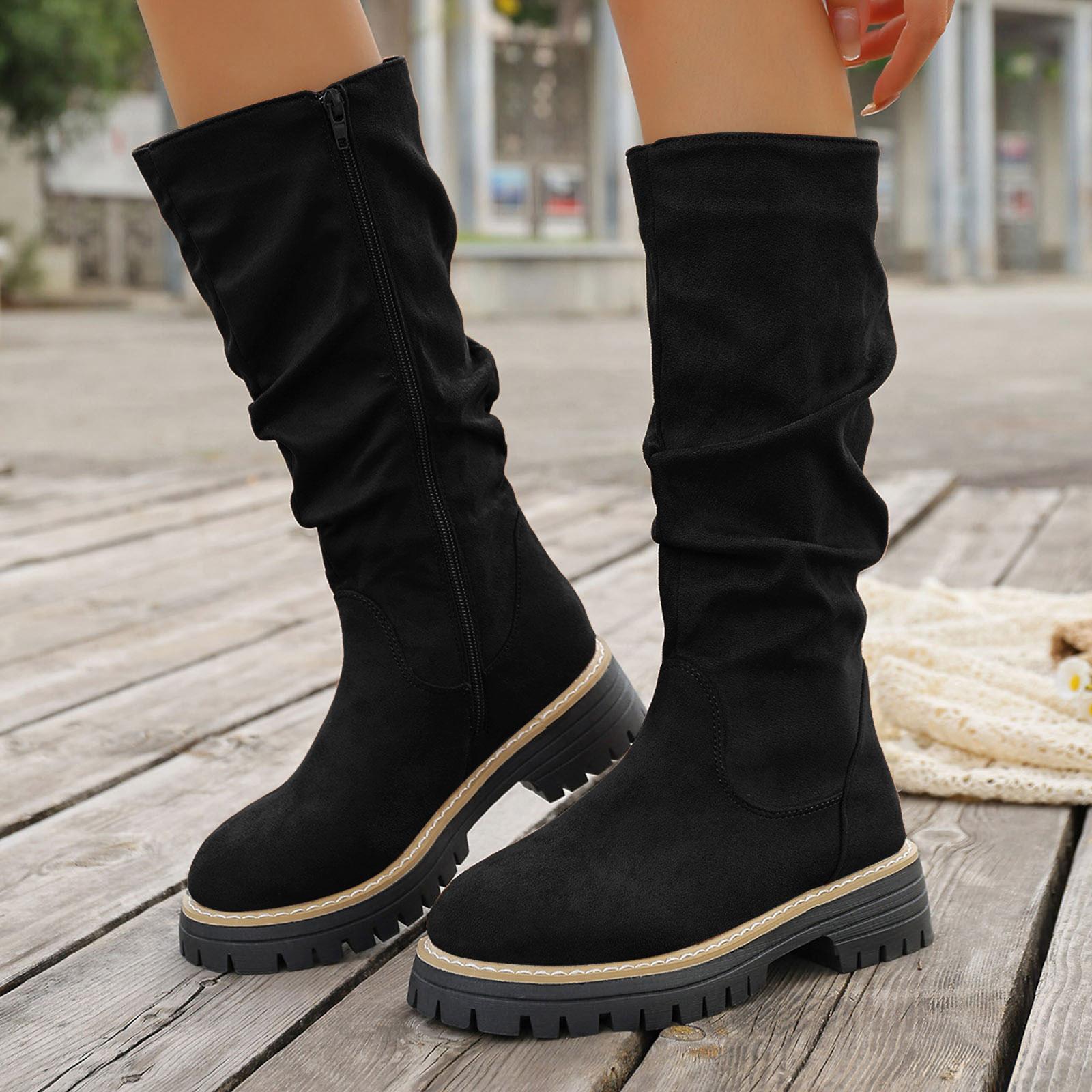 

Women s Suede Round Toe Side Stance Boots Thick Sole Casual Retro Fashion Mid Calf Boots. Womens Boots Wide Calf Low Heel 36 чорний