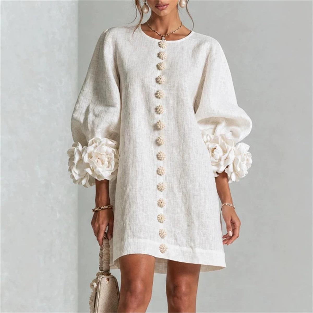 Damen 3D-Blumenmanschette Laternenärmel Minikleid Dekorative Knöpfe vorne Locker Lässig Kurzes Kleid Party Urlaubs Kleid XXL off-weiße