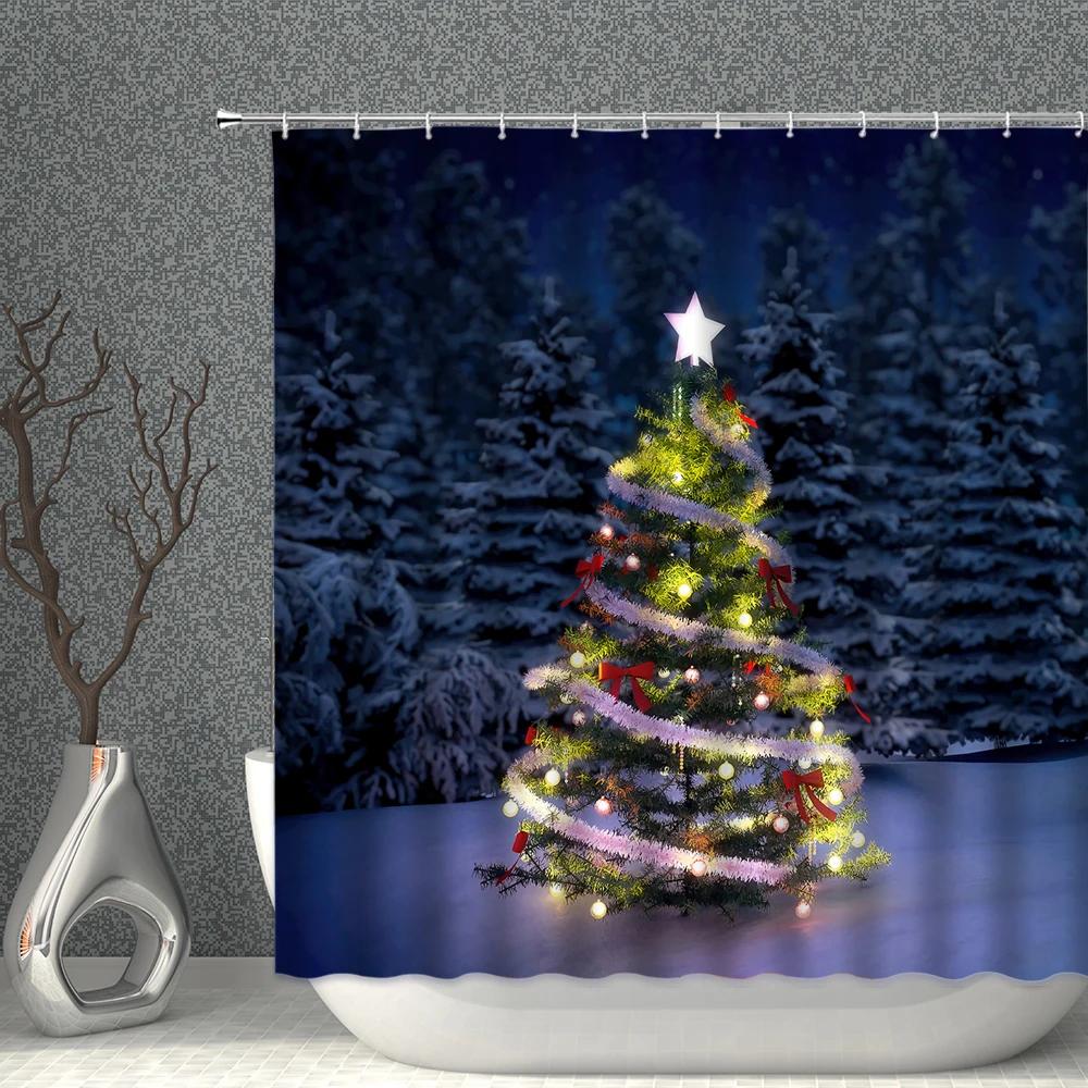 ChristmasTree Bells Shower Curtain Set Happy New Year Waterproof Polyester Cloth Curtains With Hooks Bathroom Home Decor
