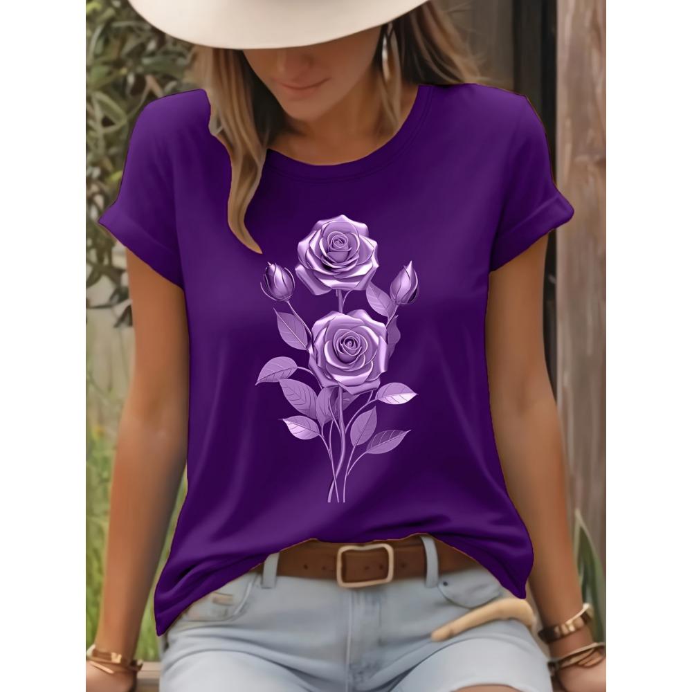 Fashion Women Rose Printed T-Shirt O-Neck Short Sleeve T-Shirt Simple Design Versatile Daily Wear Elegant Style Women Clothing