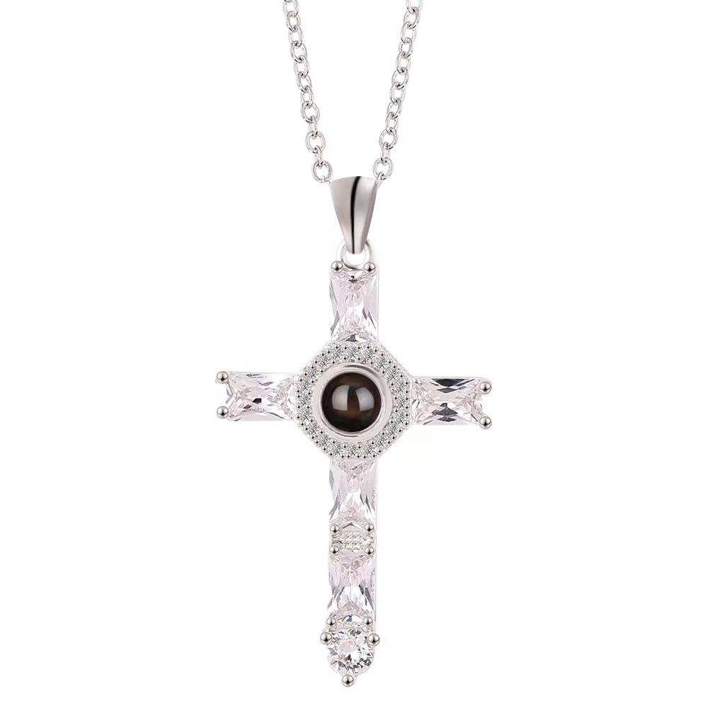 Zircon Cross Projection Necklace with Custom Engraved Text & Photo