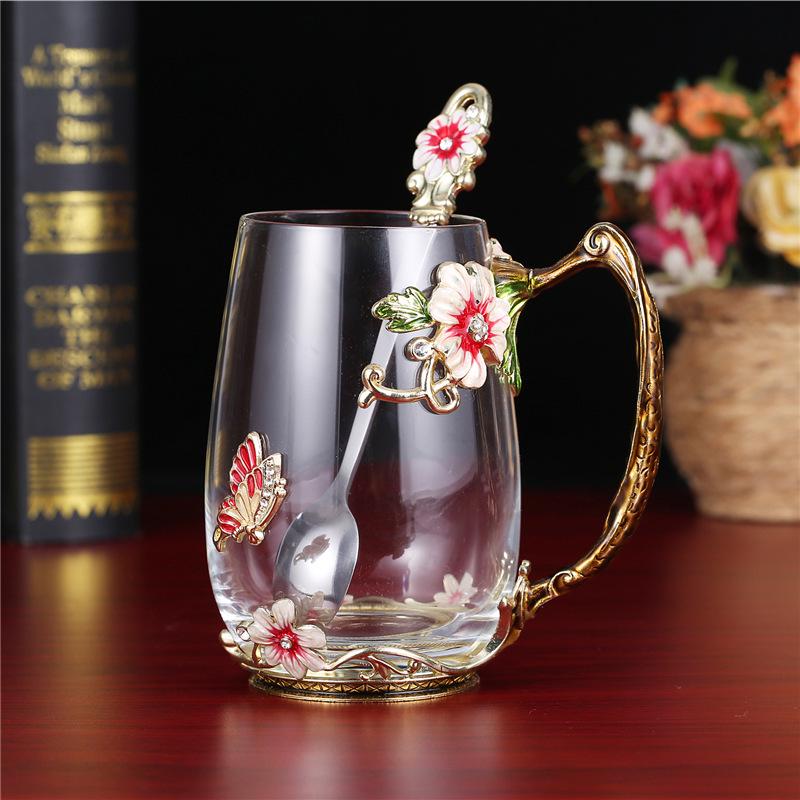 Heat-Resistant Enamel Flower Tea Cup, Creative Painted Crystal Glass Coffee Cup with Handle