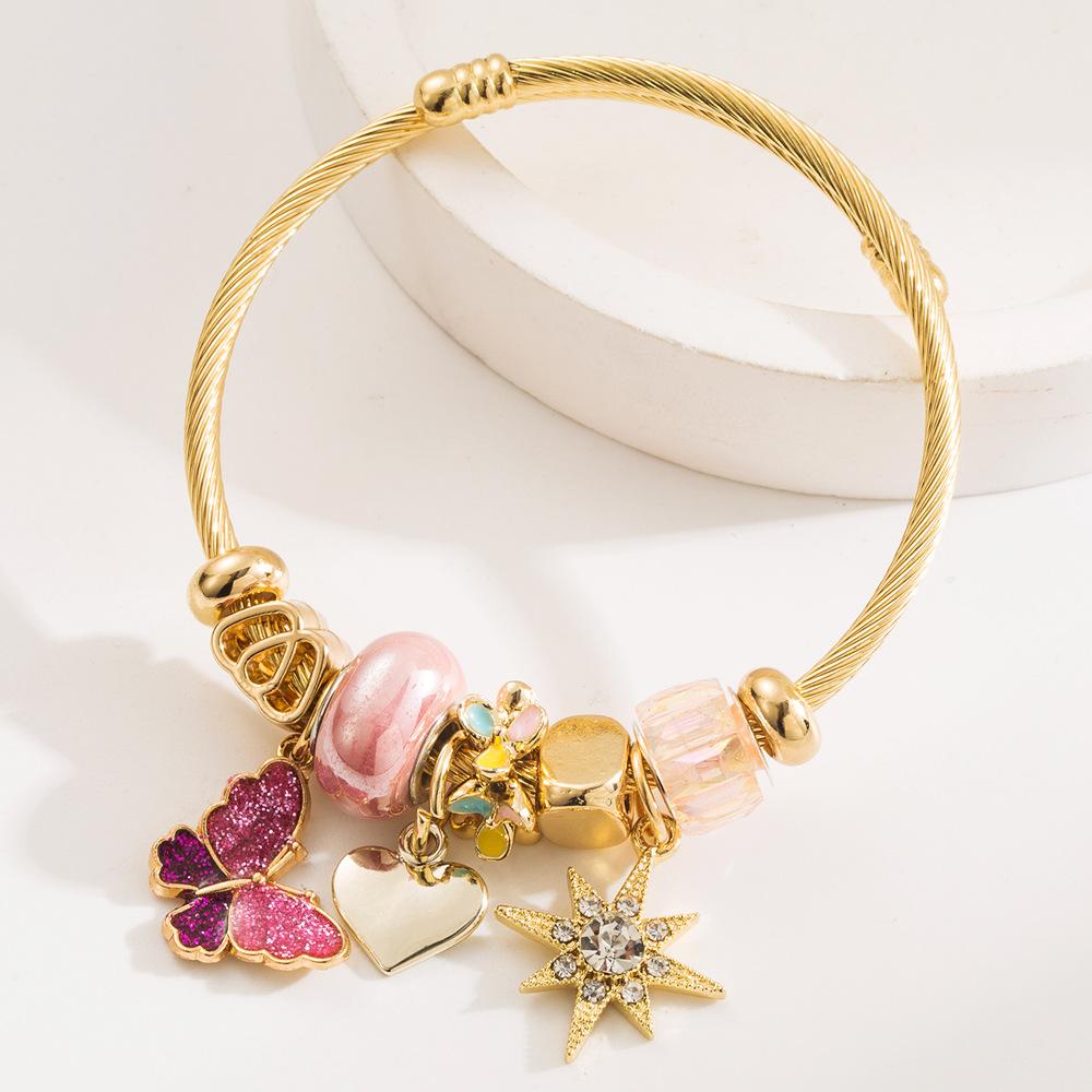 Beaded Stainless Steel Bracelet with Oil Drip Butterfly Inlaid Diamond Hexagram Pendant, Trendy Fashion Friendship Bracelet