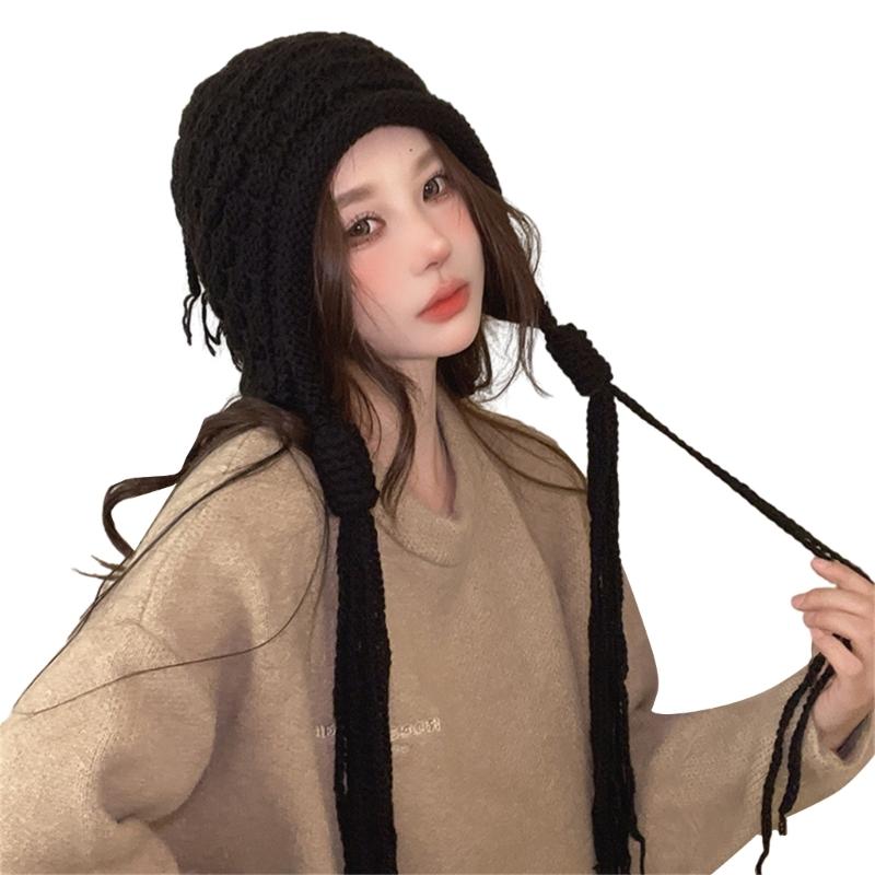 Handmade Fringed Braids Hat Y2K Sweet Girl Warm Beanie Hat InsStyle Bonnet Winter Autumn Skull Hat Pullover Earflap Hat