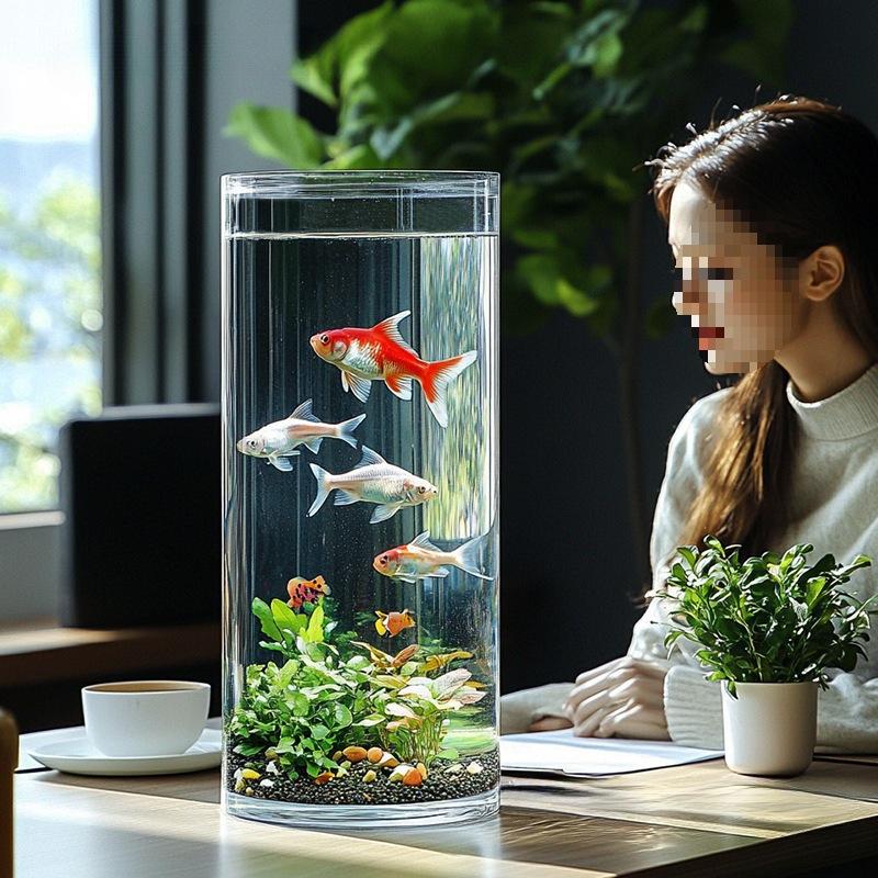 Round Ultra-White Acrylic Fish Tank - Transparent, Drop-Proof Small Goldfish Tank for Living Room Desktop