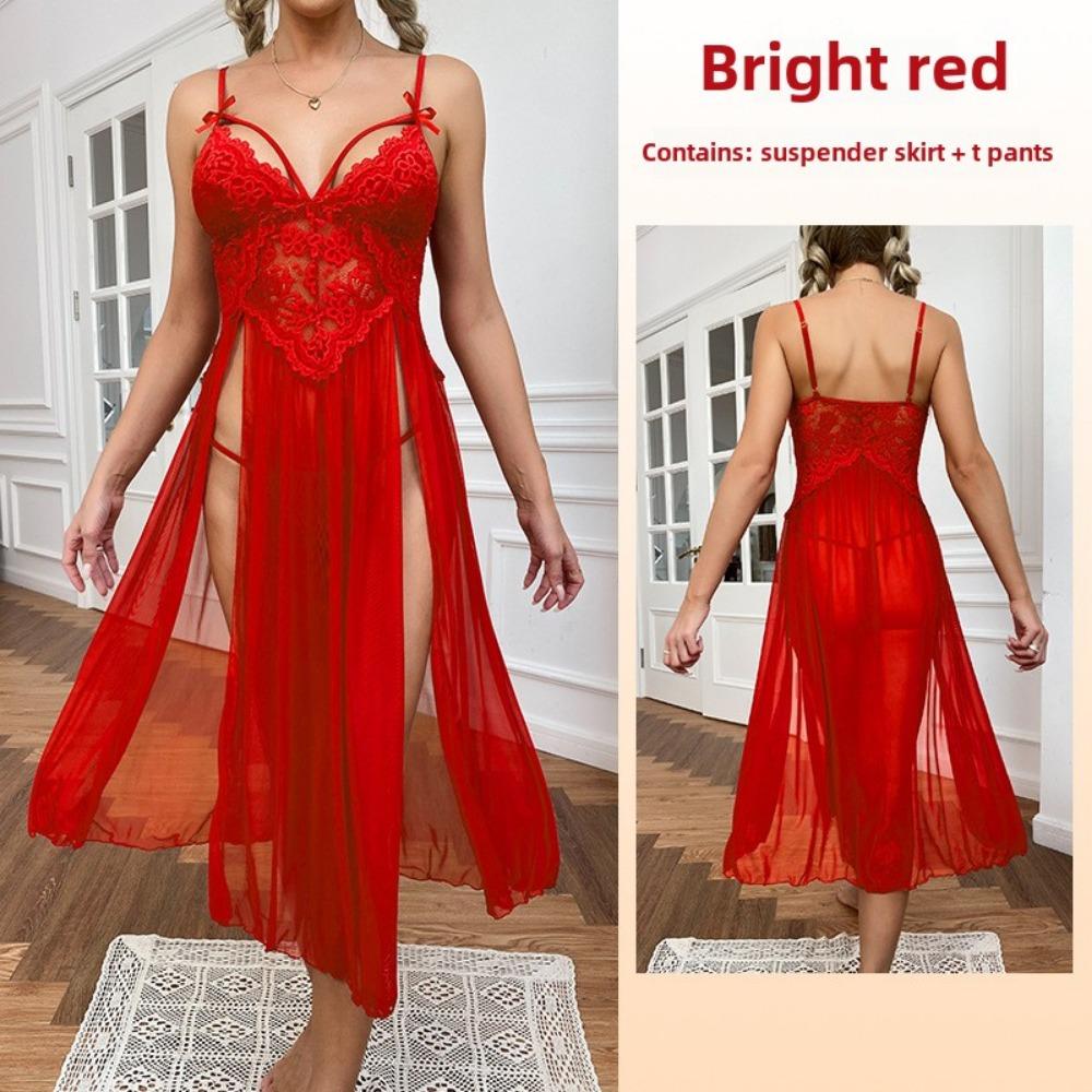 Large Size Sexy Mesh Deep V Lace Pajamas Side Split Suspender Skirt Extended Loungewear Nightdress