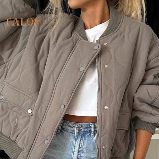 Women Fall Winter Coat Press Button Closure Long Sleeves with Pockets Loose Round Neck Daily Jacket Solid Color Outerwear for School Travel