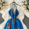 Summer Women Sexy V-neck Halter Open Back Print Long Maxi Holiday Beach Dresses