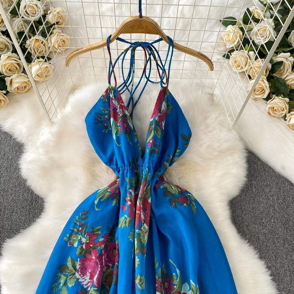 Summer Women Sexy V-neck Halter Open Back Print Long Maxi Holiday Beach Dresses