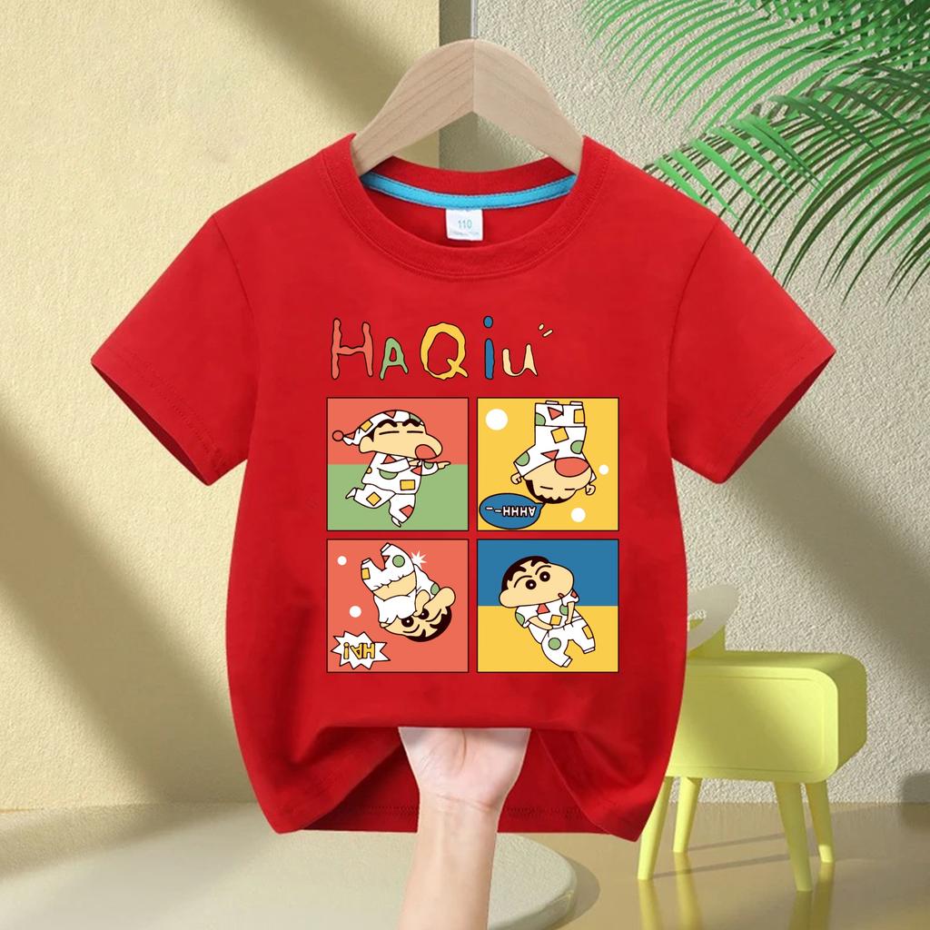 2026 New Summer Cotton Cartoon Crayon Shinchan Print TShirt Summer Fashion Casual Round Neck Cotton Childrens Top