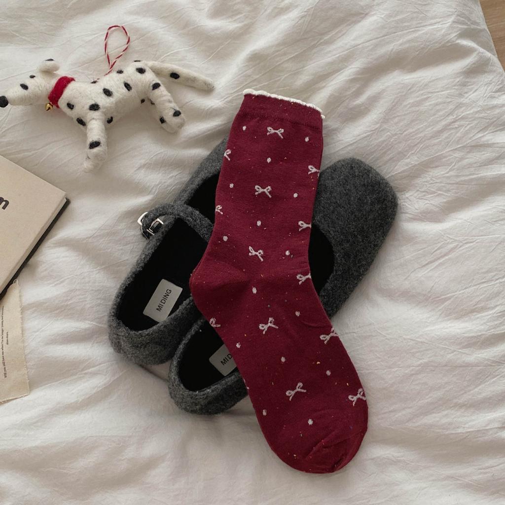 Berry Red Series'New Socks Rhombus Bow Medium Tube Socks Polka Dot Stacking Socks