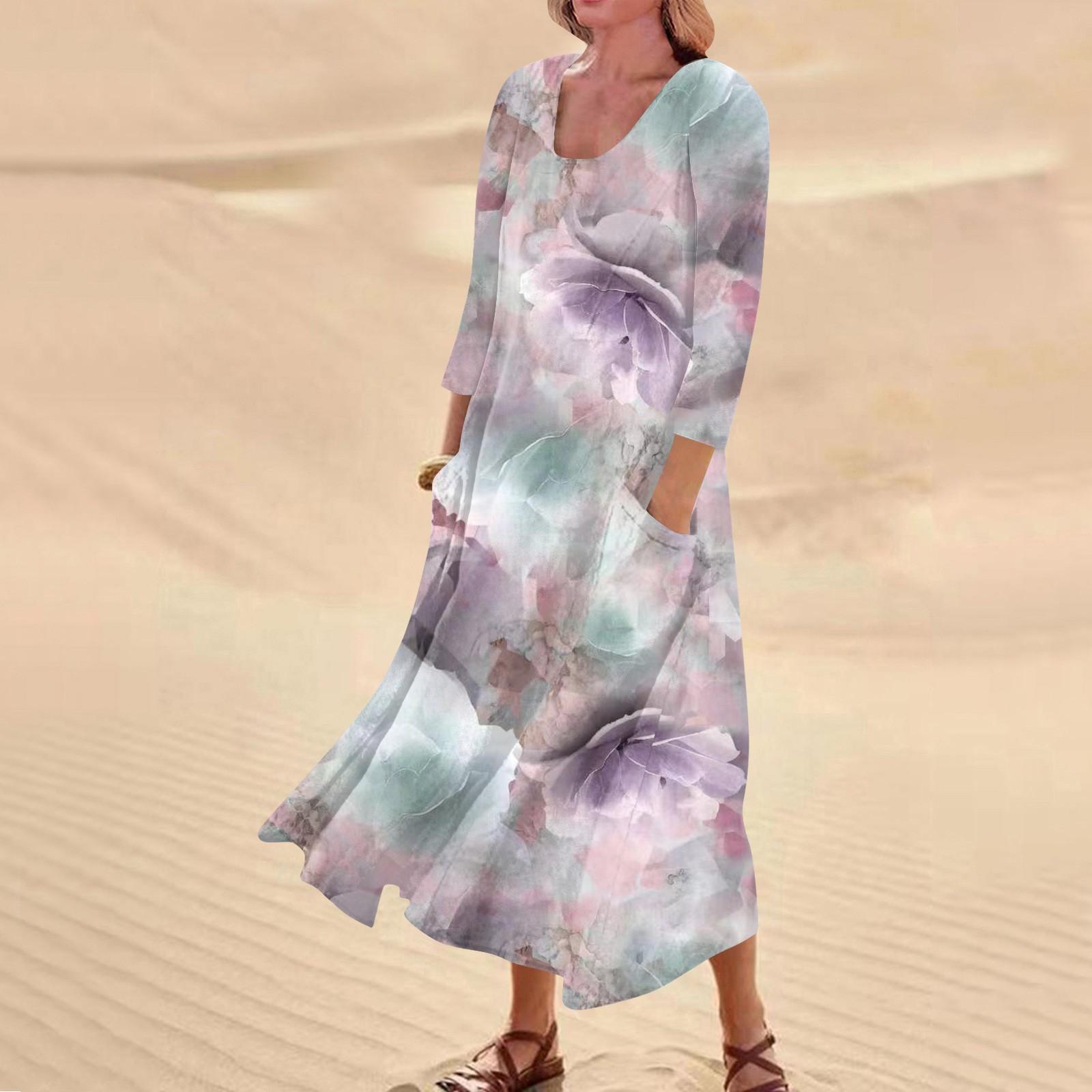 Женское повседневное удобное хлопковое карманное платье с цветочным принтом и рукавами — фото 10