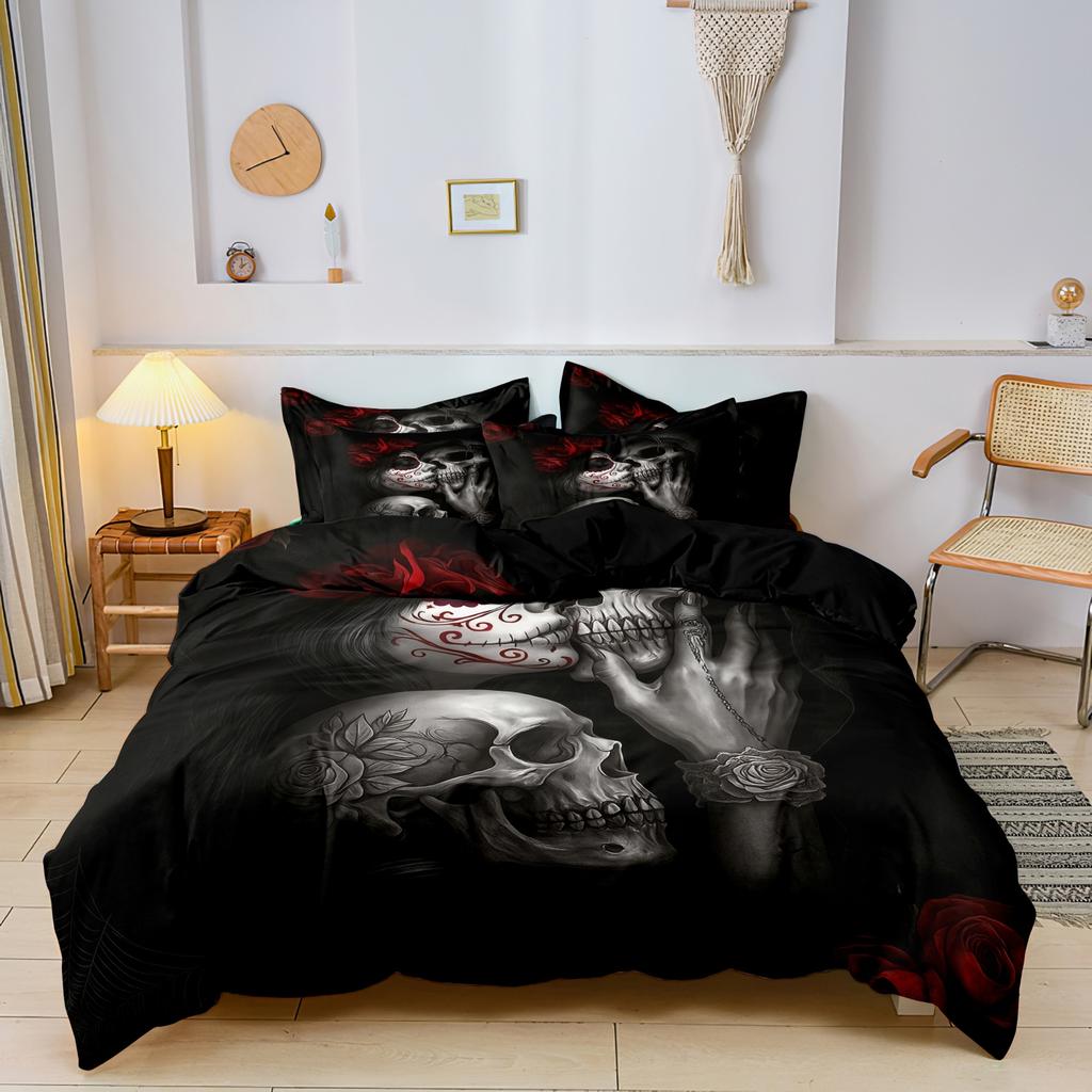 3-teiliges Gothic Mexikanischer Zuckerschädel Frau Bettbezug Bettwäsche-Set Blumen- & Schädelmuster - Ideal für Tag der Toten Feiern