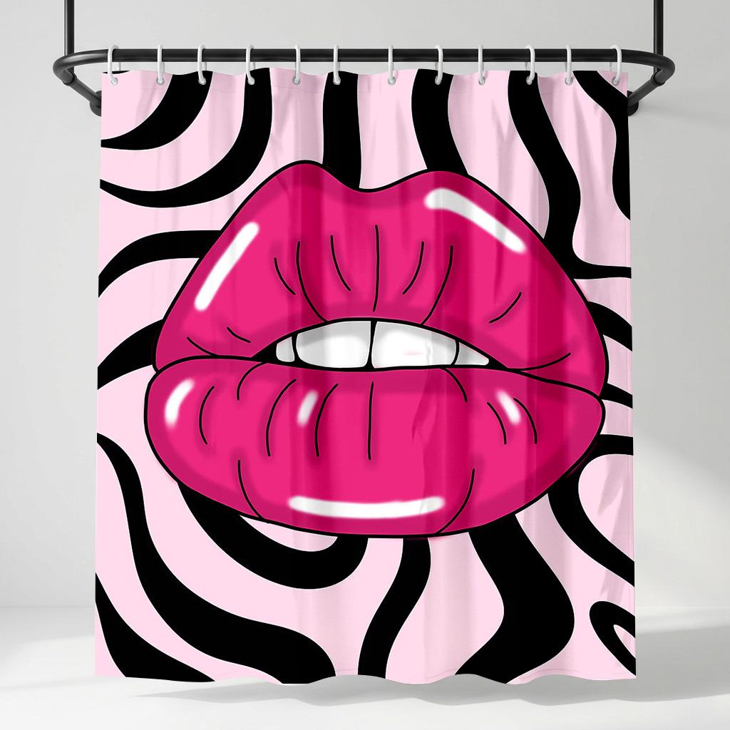 

Stylish Pink Lips Shower Curtain - Creative Black Wave Line Art Design - Indoor Home Bathroom Decor Artistic Bath Curtain W60H190(CM)-1 Pcs