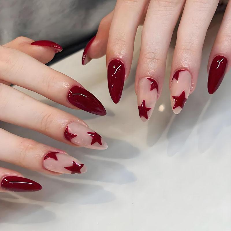 24 Stuks Y2K Blauwe Korte Ovale Press-On Nagels Zilveren Franse Tip Met Sterrenprint DIY Nepnagel Pleisters Voor Manicure