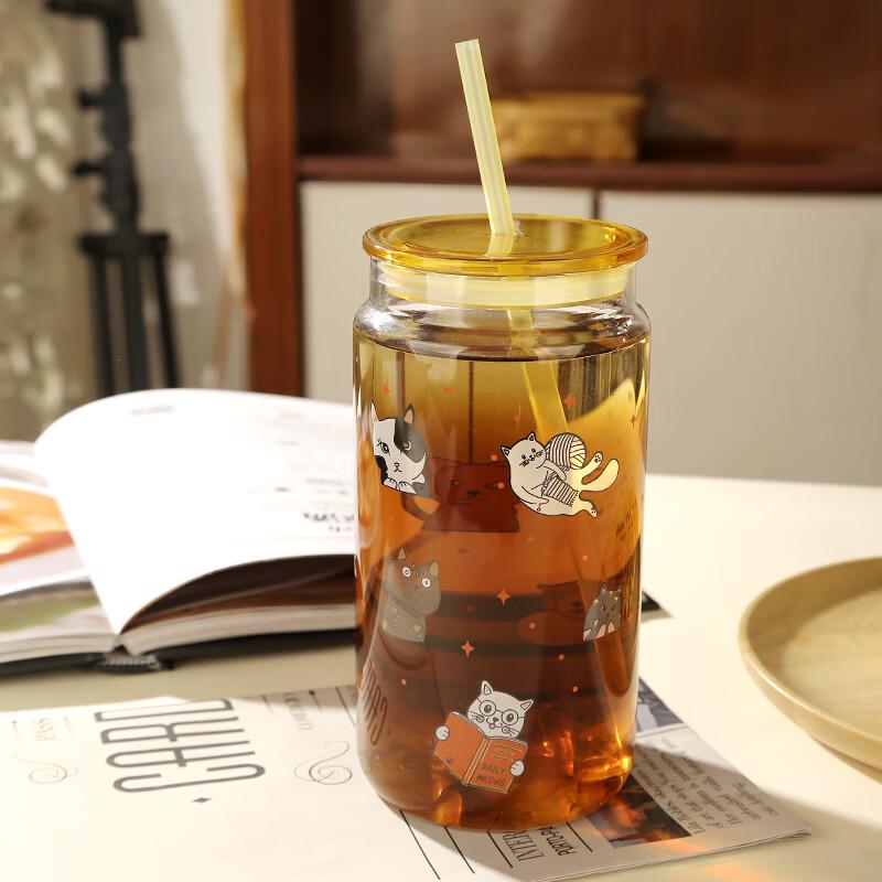 Ming Shang De Heat-Resistant Glass Cup with Straw and Lid