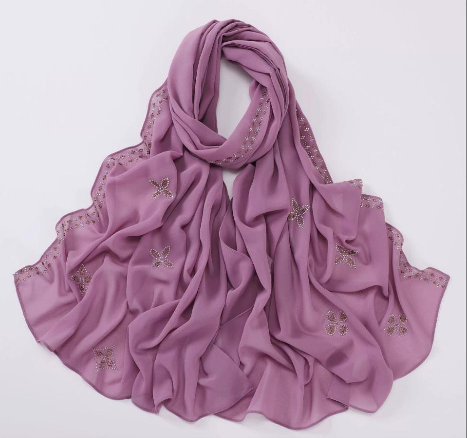 New Chiffon Hijab With Rhinestones Diamonds Scarf Shawls Solid Headscarf Wraps Ramadan Eid Hijabs Glitter Headband Turban