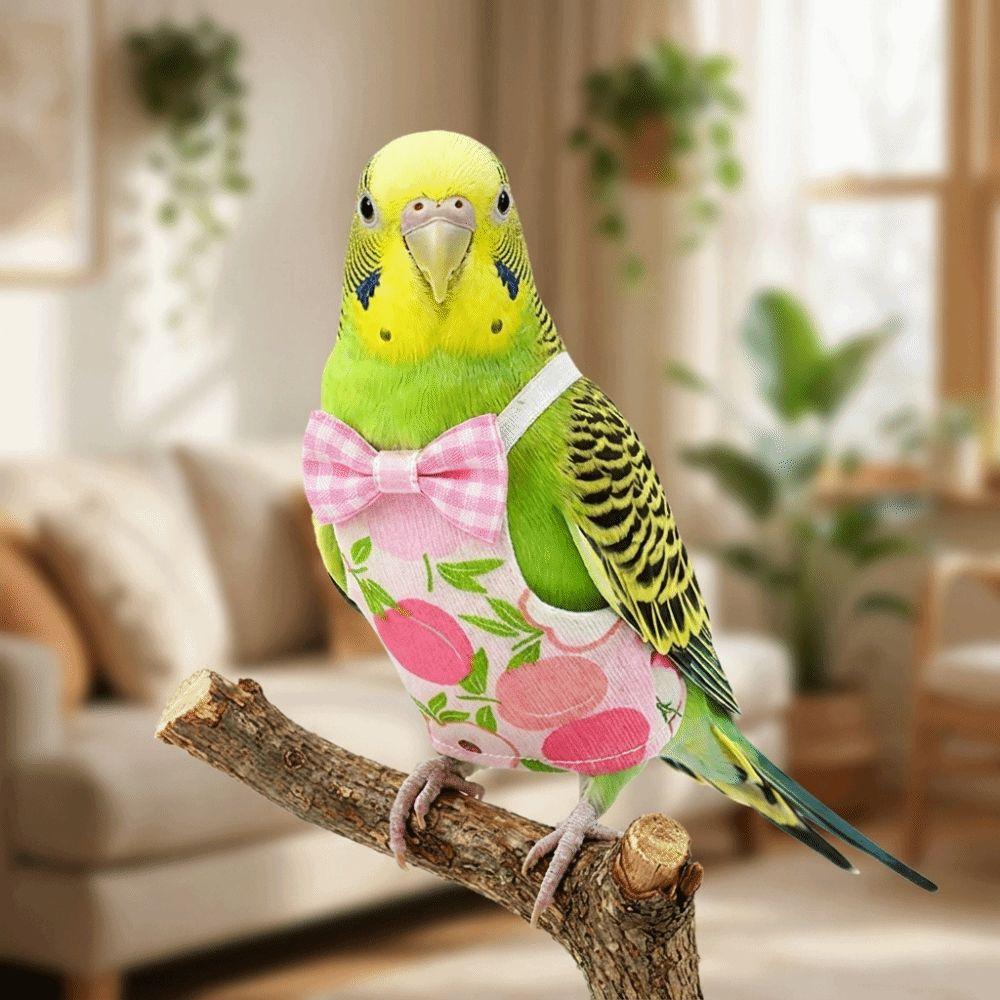 Adjustable Pet Parrot Diaper Fruit Pattern with Bowtie Bird Nappy Soft Fabric Breathable Bird Flight Suits for Cockatiel Pigeons