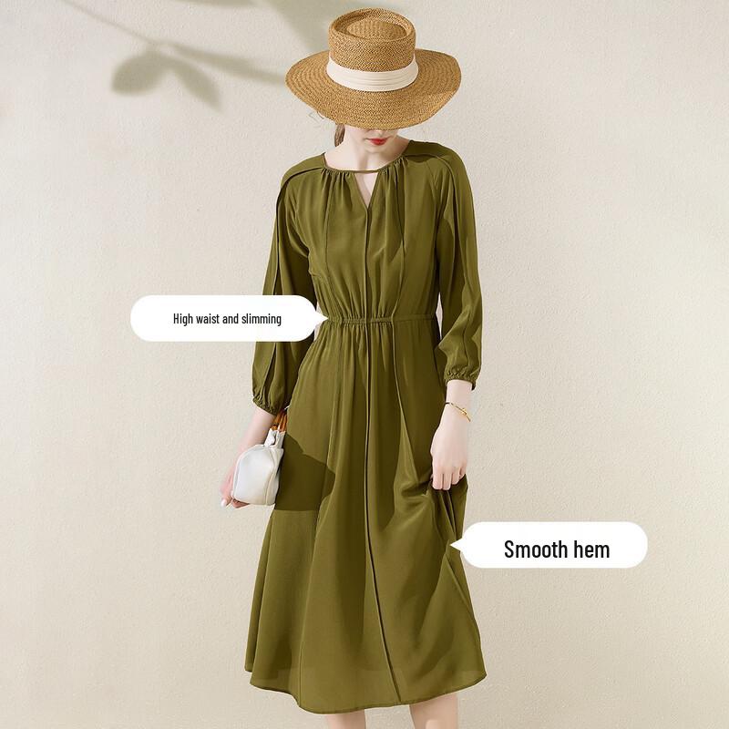 TUHUANG 100% Mulberry Silk High-Waist A-Line Dress