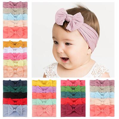 5 pezzi/set turbante per bambina con fiocco largo, fascia elastica per capelli per bambine, accessori per capelli in tinta unita.
