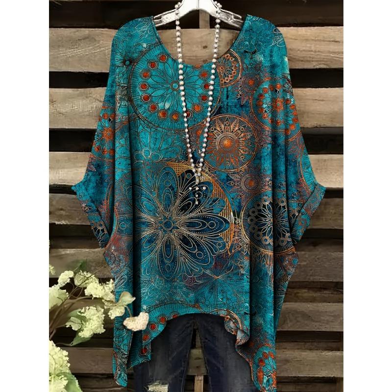 Women T-Shirts Bohemian Vacation Simple Pattern Print Tops Irregular Hemp Round Neck Fashion Versatile Short Sleeve Y2k Clothes