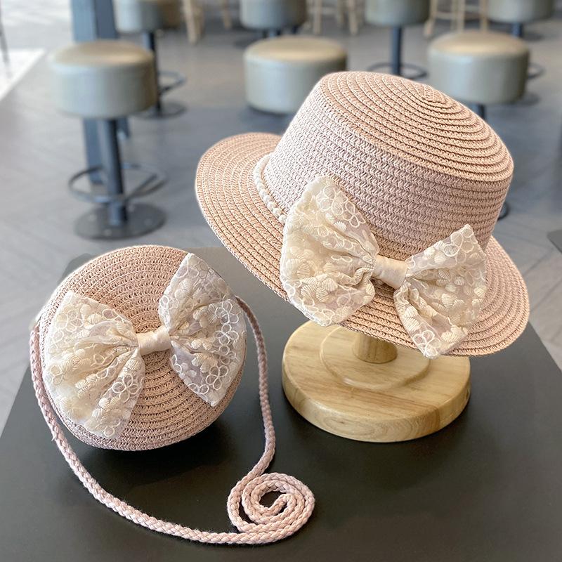 2 Stück/Set Sommer-Handgewebter Strohhut und Umhängetasche für kleine Mädchen, Kinder Baby Prinzessin Schleife Strandstroh Sonnenhut