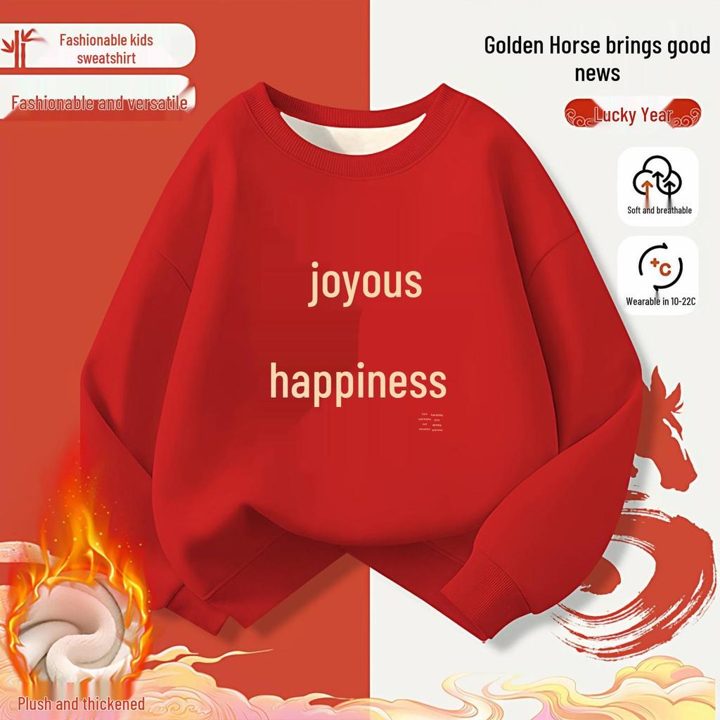 Kid's Fleece-Lined Hoodie for Autumn/Winter - Loose Round Neck, Year of the Horse Zodiac, Red, 2026 Collection