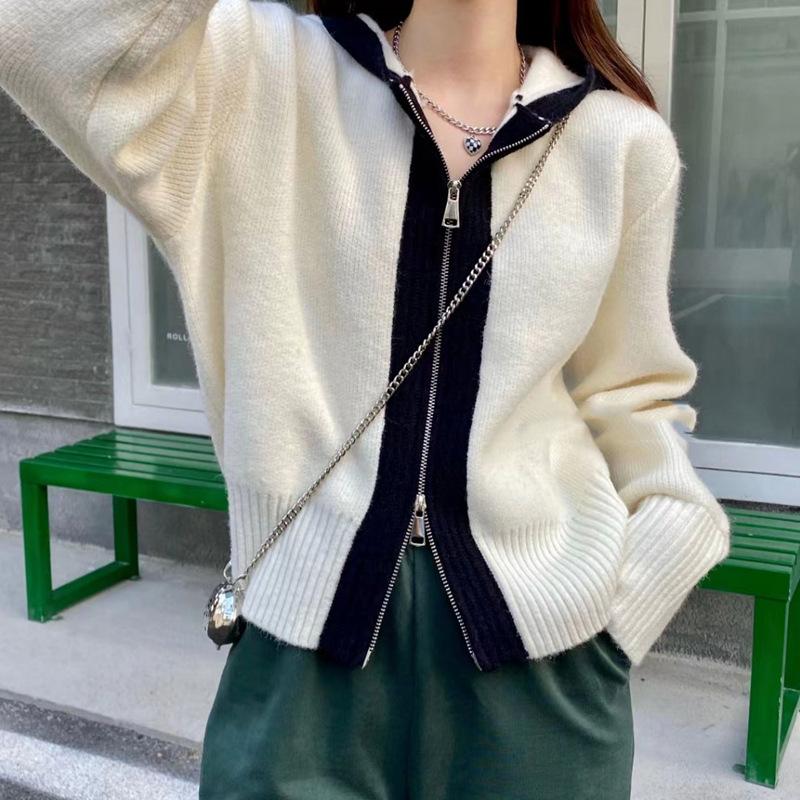 

Autumn and winter double zipper color matching sweater women s jacket new knitted hooded lazy casual loose cardigan one size fits all