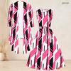 Women Plus Size Two Piece Set Printed 3 4 Sleeve Open Cardigan Sleeveless Round Neck Tie Waist Flared Dress