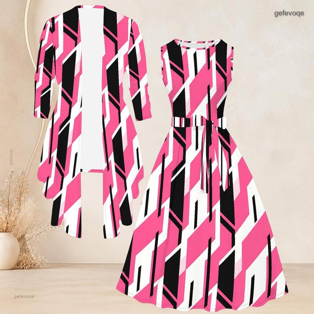 Women Plus Size Two Piece Set Printed 3 4 Sleeve Open Cardigan Sleeveless Round Neck Tie Waist Flared Dress