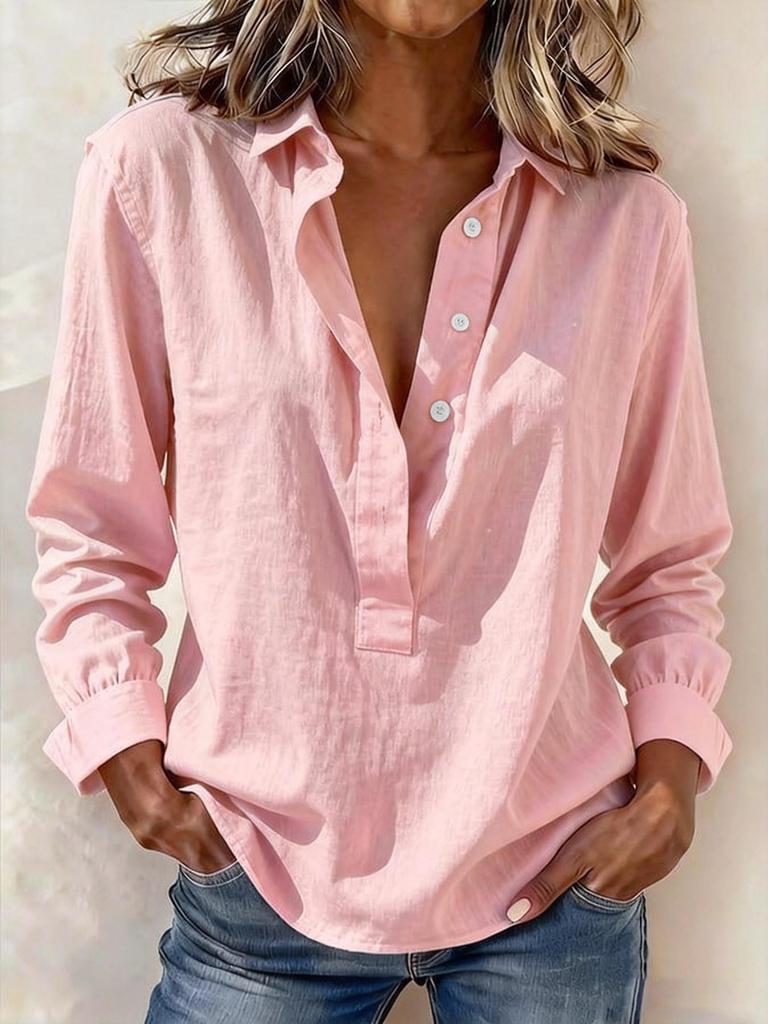 Women Casual Long Sleeve Lapel Button Front Blouse Solid Color Loose Fit Shirt for Daily Wear