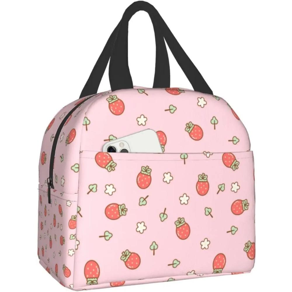 Geantă de prânz drăguță cu căpșuni și flori, cutie de prânz reutilizabilă pentru muncă, bento cooler, geantă reutilizabilă, cutii de picnic, recipiente izolate