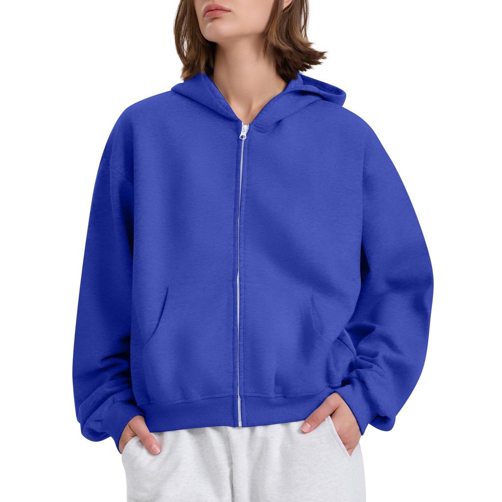 Women's Long Sleeve Solid Loose Zip Hoodie