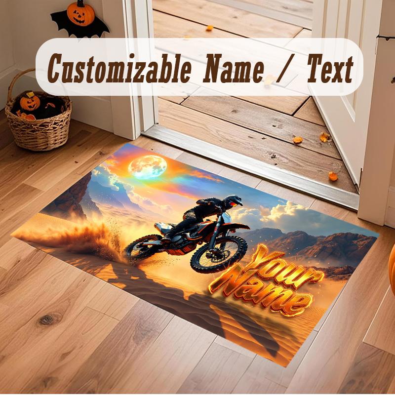 Motorcycle Biker Theme Soft Crystal Velvet Rug Custom Name & Text Print Non Slip Floor Rug for Bedroom Living Room