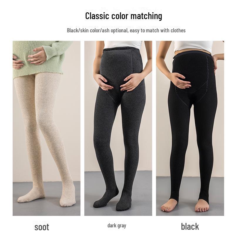 Maternity Leggings with Belly Support: Thin, Plus Velvet Pantyhose with Vertical Stripes for Spring/Autumn Outerwear.