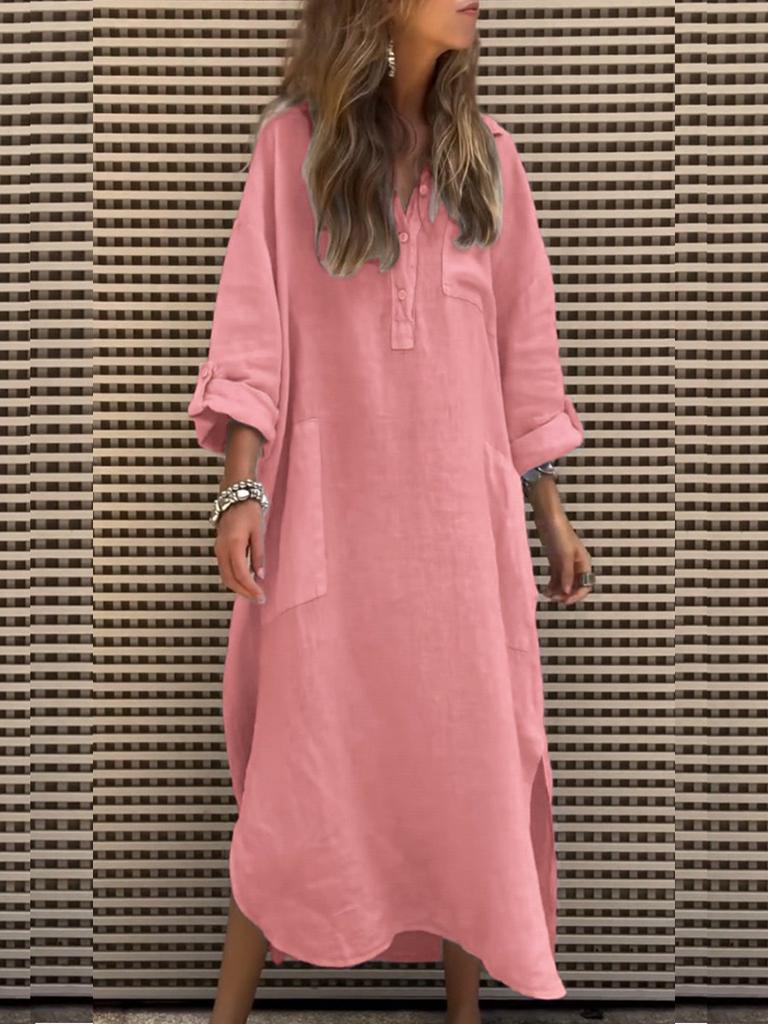 New Women's Spring Summer Elegant Solid Color Irregular Dress Simple Button Pocket Long Dress Women's Clothing