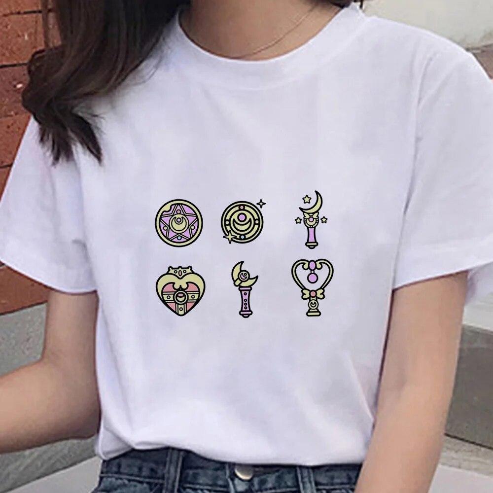 Cartoon Anime Sailor Graphic Moon Print 100 % Baumwolle T-Shirt Mode Goth Girl Kleidung Kurzarm Übergroßes Unisex Frauen T-Shirt Unisex