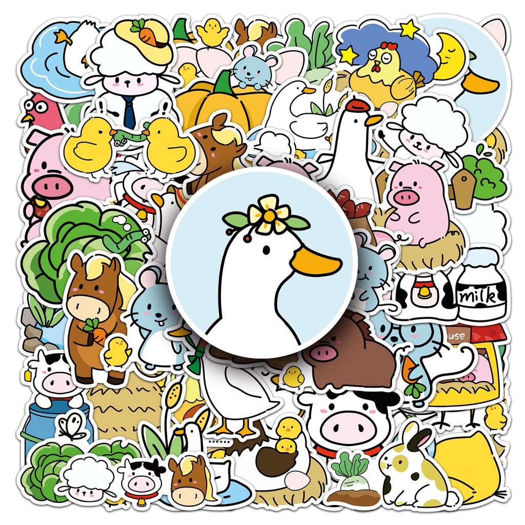 50 Happy Farm Doodle Stickers Cartoon Cute Animal Decorative Water Cup Guka Mobile Phone Case Stickers