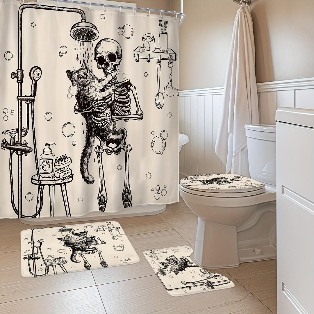 

1/4Pcs Halloween Decoration Washing Cat Skeleton Pattern Shower Curtain Bathroom Decor Halloween Decoration Indoor Showr Curtain Only90x180curtain