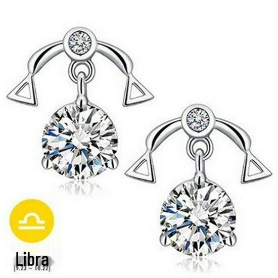 White Copper Silver-Plated Retro Zodiac Stud Earrings with Zircon Stones